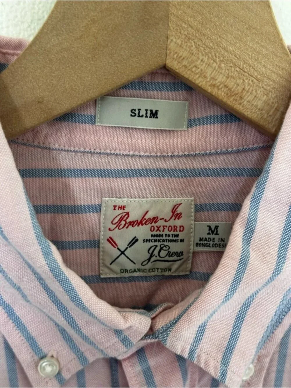 J Crew The Broken-In Oxford Slim Pink with light blue Stripe Button-Down Shirt-M